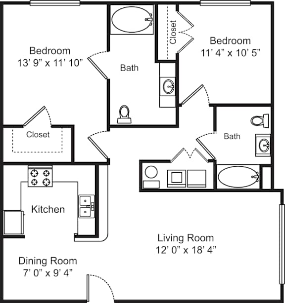 A black and white image of a house floor plan with a living room, two bedrooms, a dining room, and a kitchen.