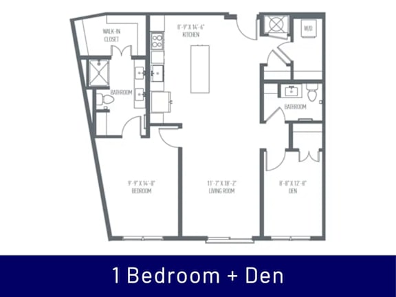 A floor plan of a one bedroom apartment with a den.