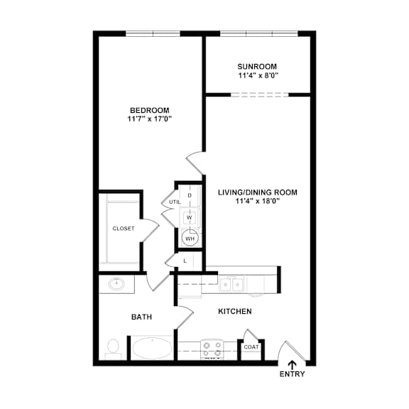 A floor plan of a home with a bedroom, bathroom, sunroom, and living/dining room.