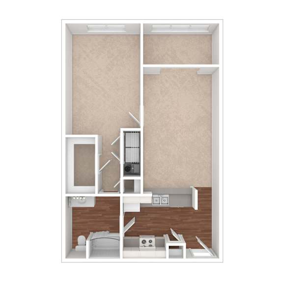 A white framed image of a room with a bed, desk, and a cabinet.