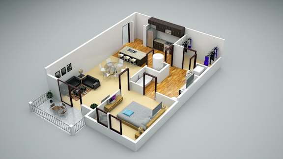 A 3D rendered image of a small apartment layout.