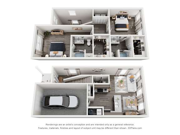 A floor plan of a two-story house with a garage and a car parked in the garage.