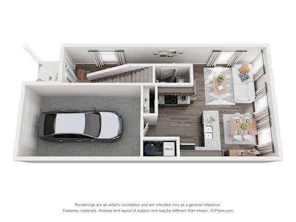 A 3D floor plan of a house with a kitchen, living room, and bathroom.