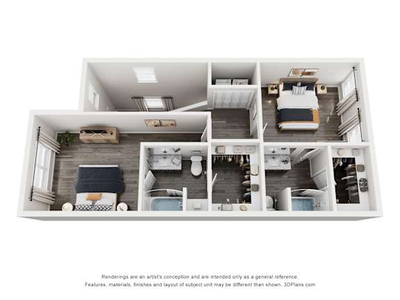 A 3D floor plan of a small apartment with a living room, kitchen, and two bedrooms.