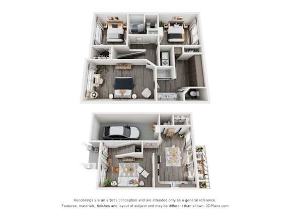 A 3D floor plan of a two-bedroom apartment with a kitchen and living room.
