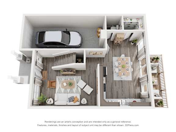 A 3D floor plan of a small apartment with a kitchen, living room, and bedroom.