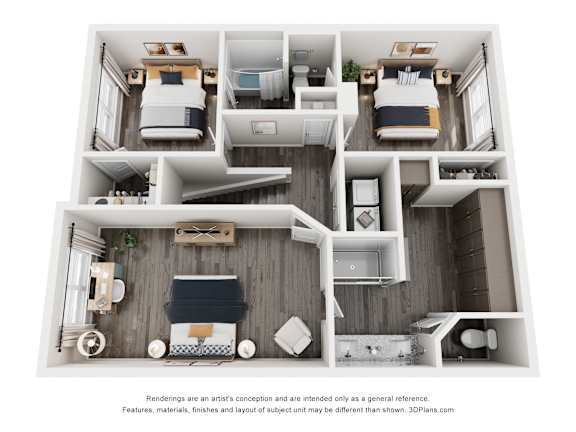 A 3D floor plan of a house with multiple rooms.