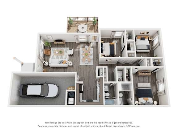 A 3D floor plan of a house with a kitchen, living room, and bedrooms.