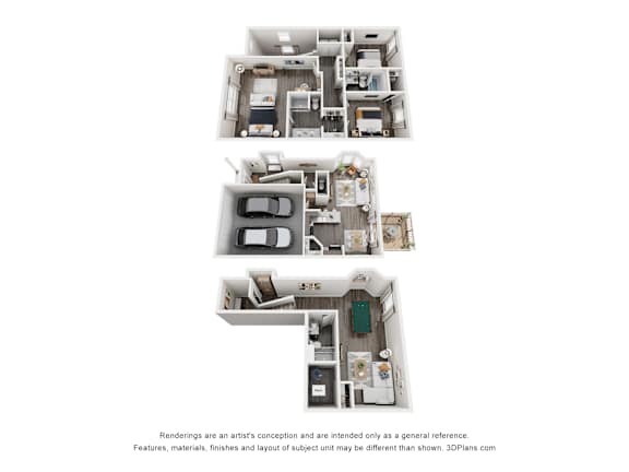 Three images of a small apartment layout.