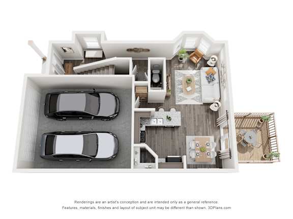 A 3D floor plan of a house with two cars parked in the garage.