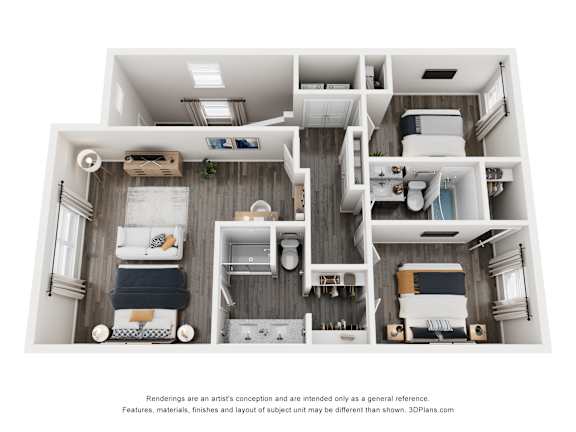 A 3D floor plan of a small apartment with two bedrooms and a bathroom.