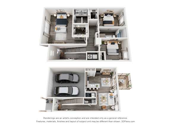 A 3D floor plan of a house with two bedrooms, a living room, a kitchen, a bathroom, and a garage.