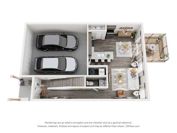 A 3D floor plan of a small apartment with two cars parked in the garage.