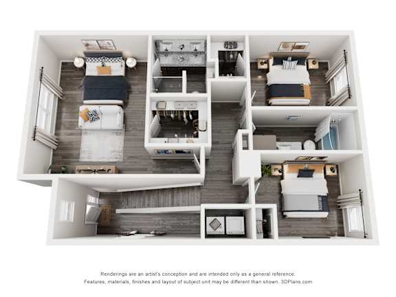 A 3D rendering of a modern, multi-level apartment layout.