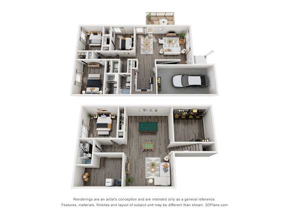 A 3D floor plan of a house with two levels, a garage, and a backyard.