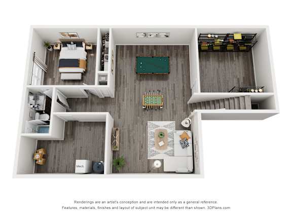 A 3D floor plan of a small apartment with a kitchen, living room, and bedroom.