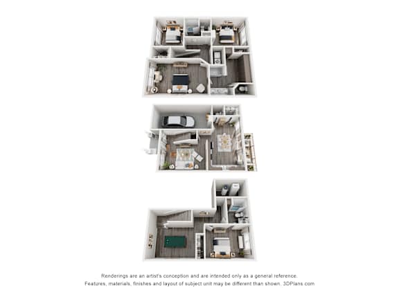 Three different floor plans of a house are shown.