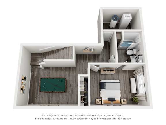 A 3D floor plan of a small apartment with a kitchen, living room, and bedroom.