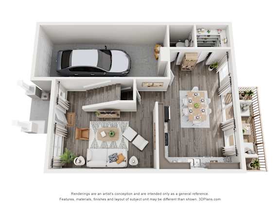 A 3D floor plan of a small apartment with a kitchen, living room, and bedroom.
