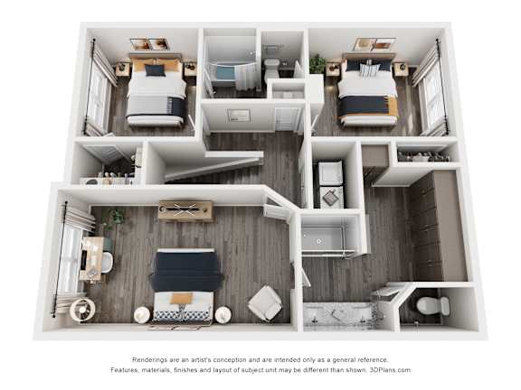 A 3D floor plan of a house with multiple rooms.