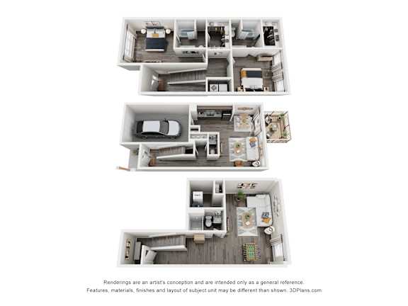 Three different floor plans of a house are shown.