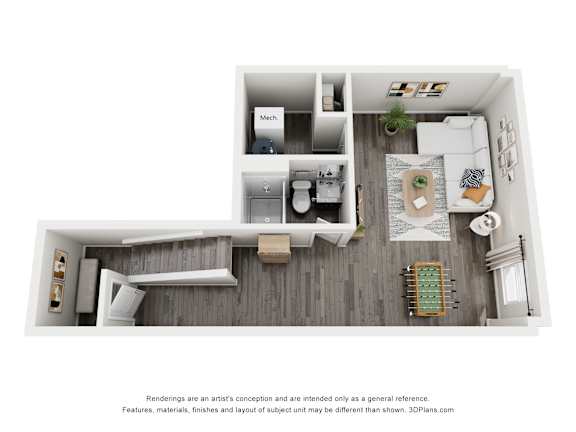 A top-down view of a modern apartment layout with a kitchen, living room, and bathroom.
