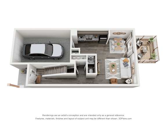 A 3D floor plan of a small apartment with a kitchen, living room, and bedroom.