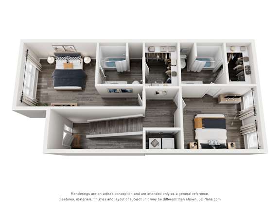 A 3D floor plan of a small apartment with a kitchen, living room, and bedrooms.