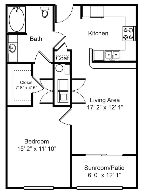 A floor plan of a small apartment with a living area, bedroom, bathroom, kitchen, and closet.