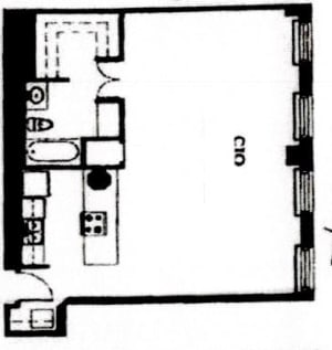 A black and white image of a floor plan with a door and a window.