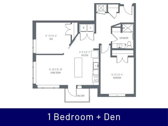 A floor plan of a 1 Bedroom + Den apartment.
