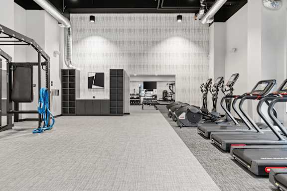 A gym with treadmills, weights, and exercise equipment.