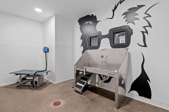 A room with a table and chairs and a wall mural.