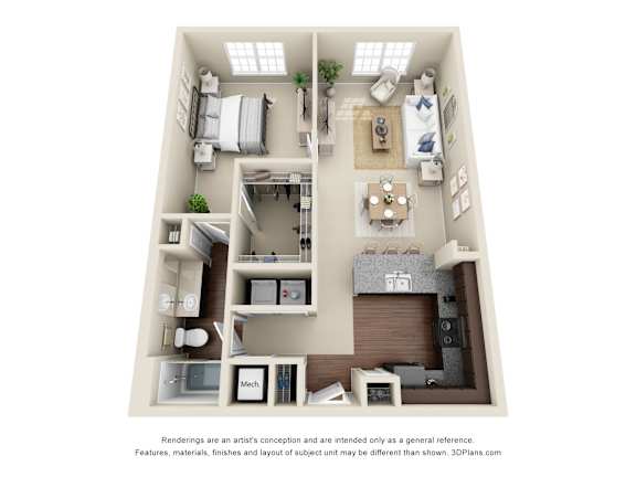 A 3D floor plan of a small apartment with a kitchen, living room, and bedrooms.