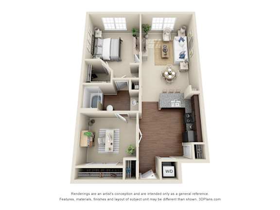 A 3D floor plan of a small apartment with a kitchen, living room, and bathroom.