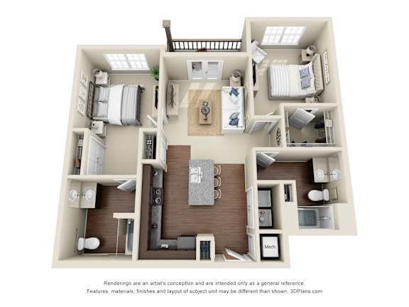 A 3D floor plan of a house with a kitchen, living room, and two bedrooms.