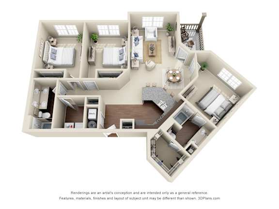 A 3D floor plan of a house with a kitchen, living room, dining room, and two bedrooms.
