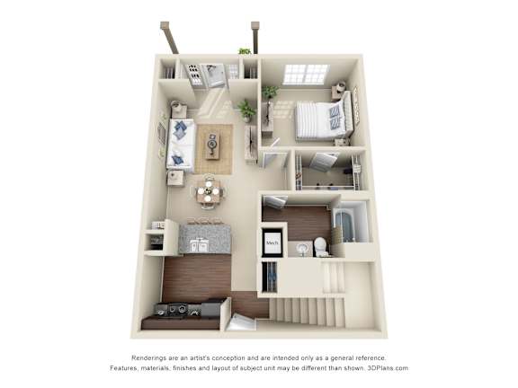 A 3D floor plan of a small apartment with a kitchen, living room, and bedrooms.