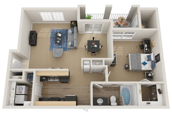 A top-down view of a small apartment with a kitchen, living room, and bathroom.