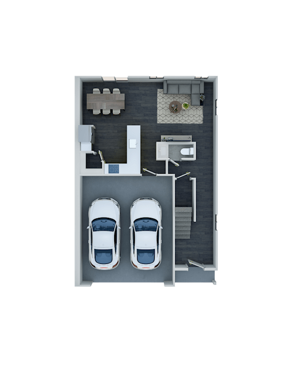 A top-down view of a parking garage with two cars parked.