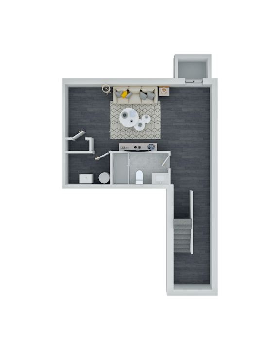 A floor plan of a small apartment with a kitchen, living room, and bathroom.