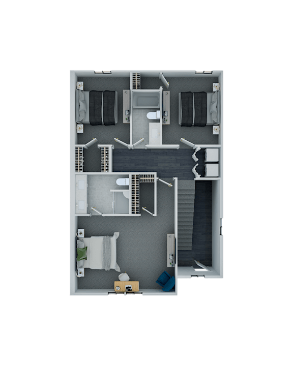 A top-down view of a room with a staircase, a bed, a desk, and a chair.