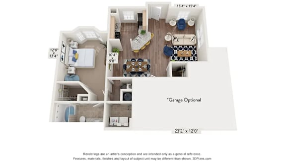 A floor plan of a two-bedroom apartment with a garage option.