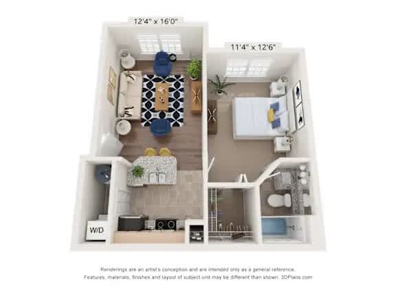 A floor plan of a small apartment with a living room, kitchen, and bedroom.