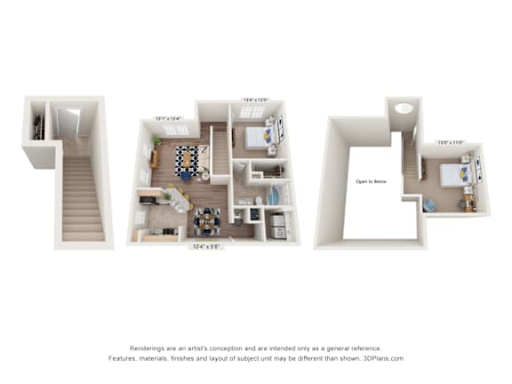 A 3D floor plan of a house with three different views.