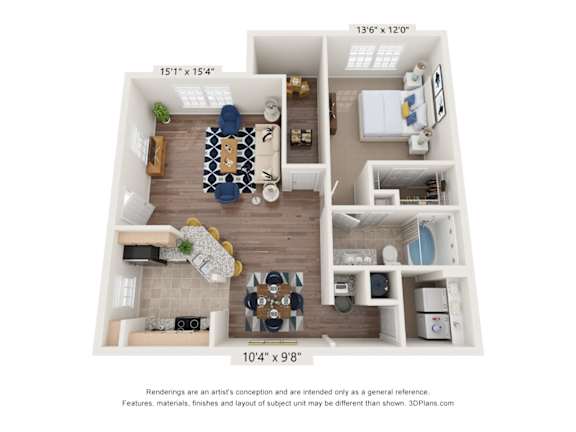 A 3D floor plan of a small apartment with a living room, kitchen, and bedroom.