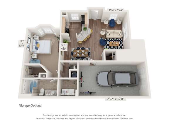 A 3D floor plan of a house with a garage option.