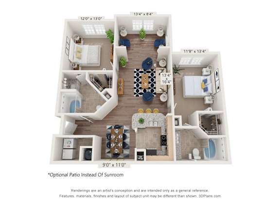 A 3D floor plan of a house with a living room, kitchen, dining room, and two bedrooms.