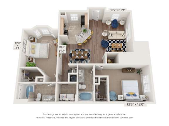 A 3D floor plan of a house with a living room, dining room, kitchen, and two bedrooms.