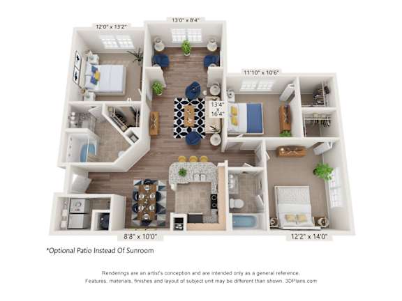 A 3D floor plan of a house with a living room, kitchen, dining room, and two bedrooms.